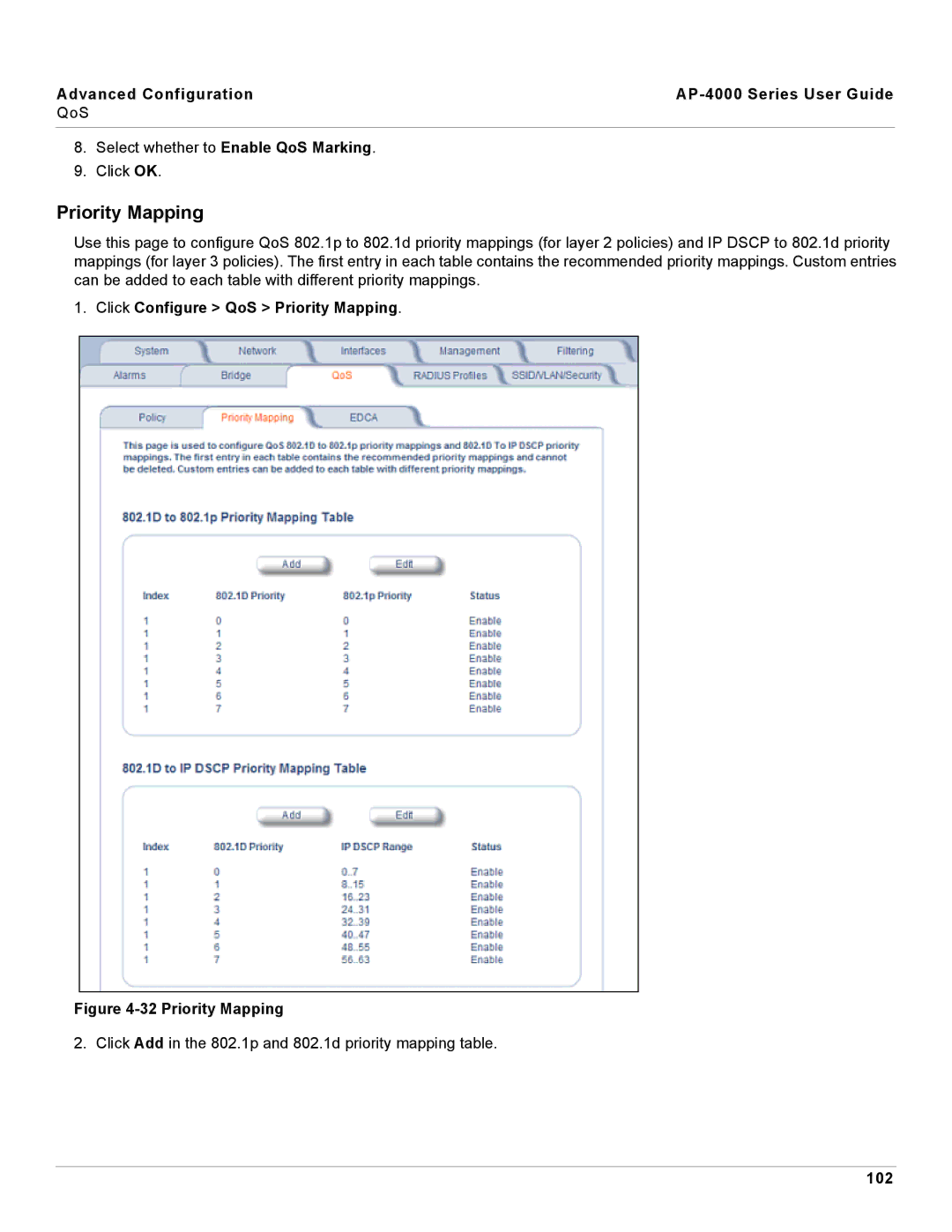 Proxim AP-4000 manual Click Configure QoS Priority Mapping, 102 