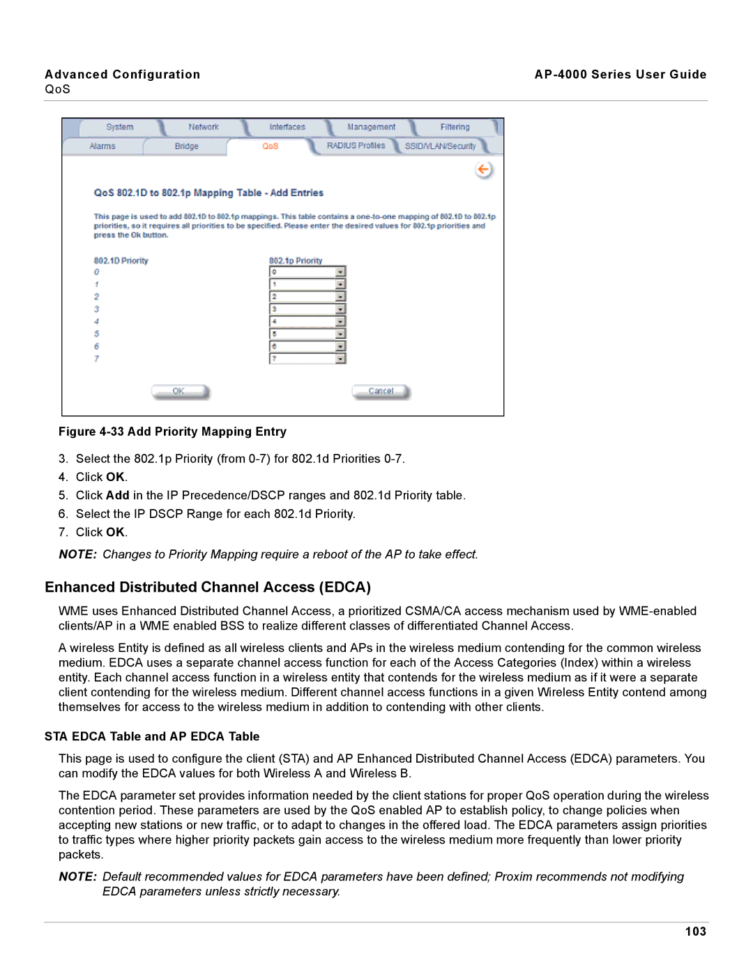 Proxim AP-4000 manual Enhanced Distributed Channel Access Edca, STA Edca Table and AP Edca Table, 103 