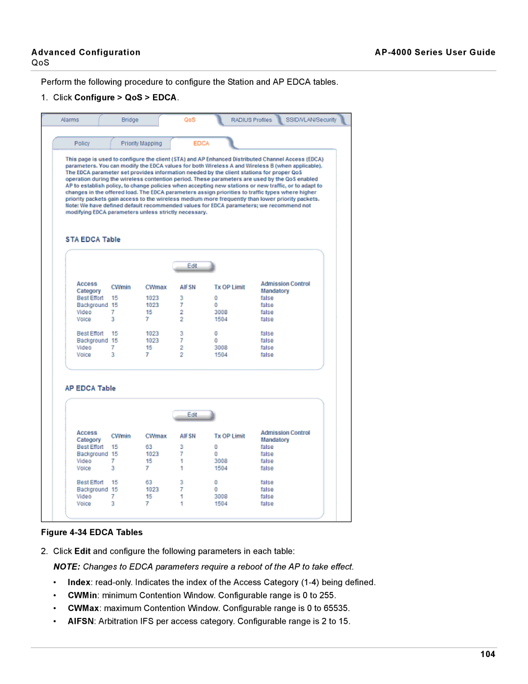 Proxim AP-4000 manual Click Configure QoS Edca, 104 