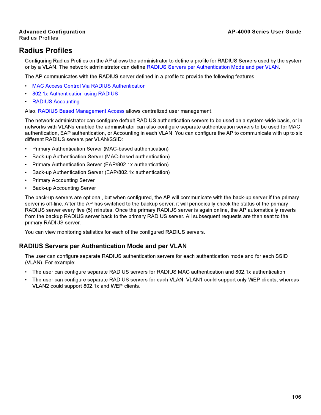 Proxim AP-4000 manual Radius Profiles, Radius Servers per Authentication Mode and per Vlan, 106 