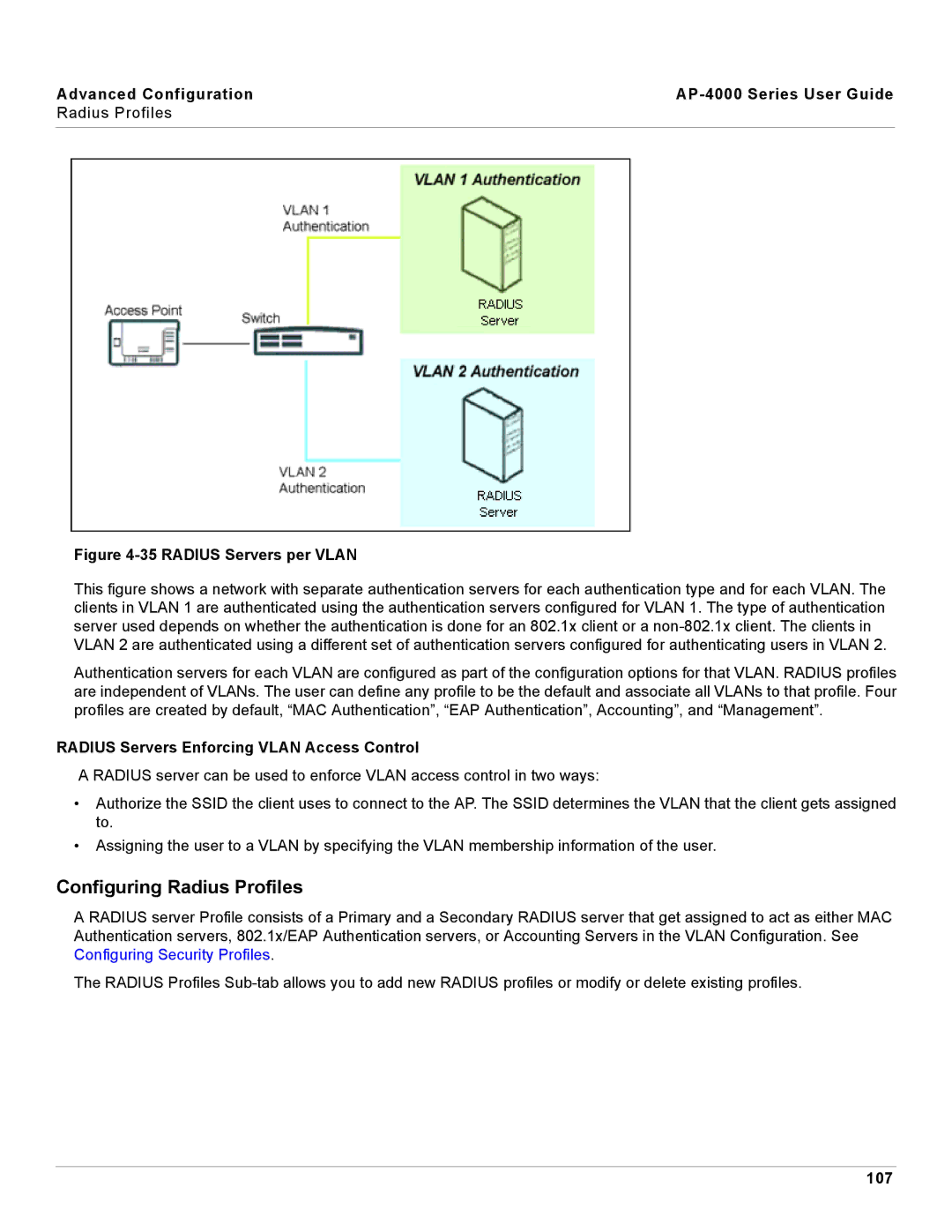 Proxim AP-4000 manual Configuring Radius Profiles, Radius Servers Enforcing Vlan Access Control, 107 