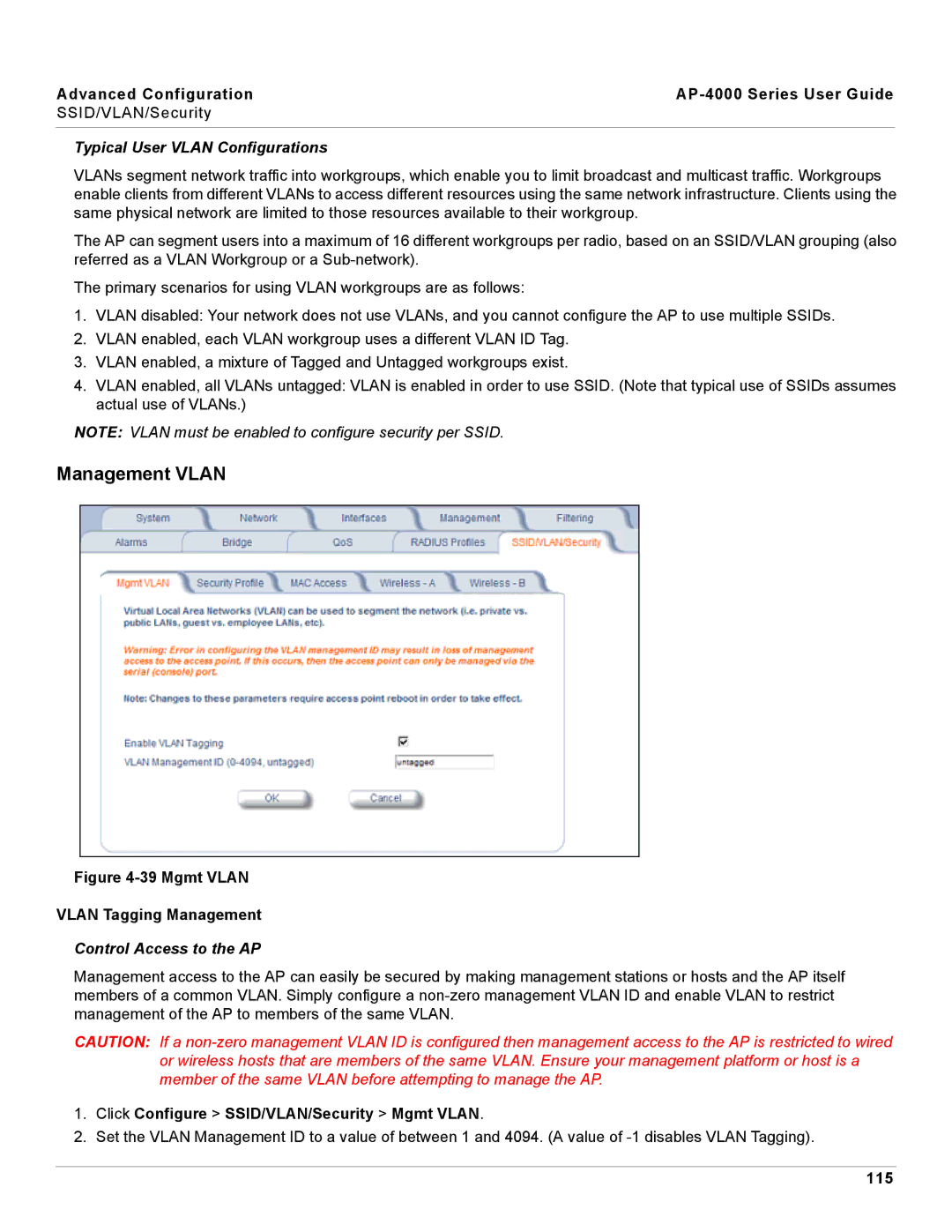 Proxim AP-4000 manual Management Vlan, Typical User Vlan Configurations, Control Access to the AP, 115 