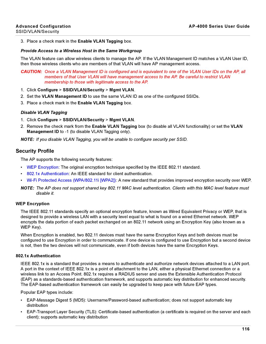 Proxim AP-4000 manual Security Profile, Provide Access to a Wireless Host in the Same Workgroup, Disable Vlan Tagging 