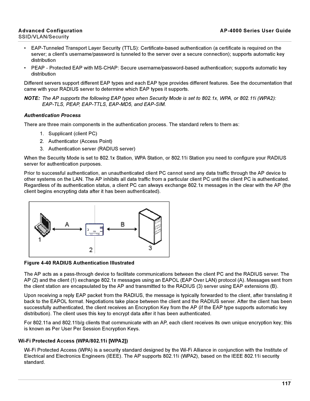 Proxim AP-4000 manual Authentication Process, Wi-Fi Protected Access WPA/802.11i WPA2, 117 