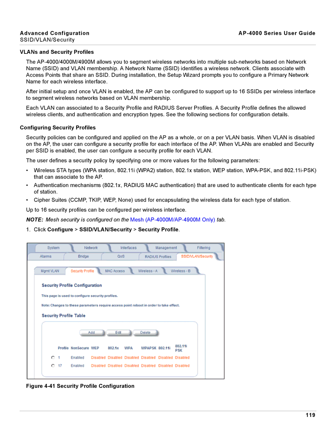 Proxim AP-4000 manual VLANs and Security Profiles, Configuring Security Profiles 