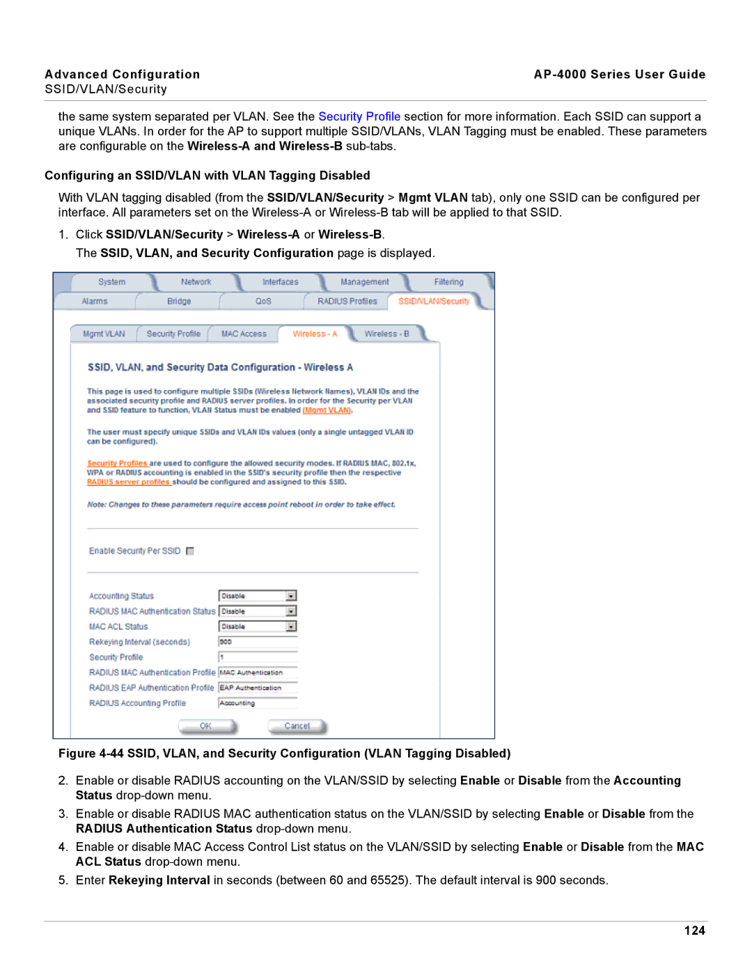 Proxim AP-4000 manual Configuring an SSID/VLAN with Vlan Tagging Disabled, 124 