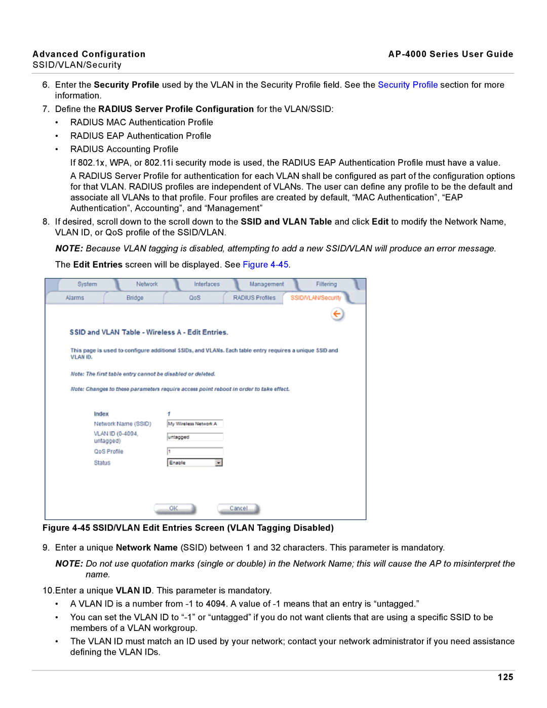 Proxim AP-4000 manual SSID/VLAN Edit Entries Screen Vlan Tagging Disabled, 125 