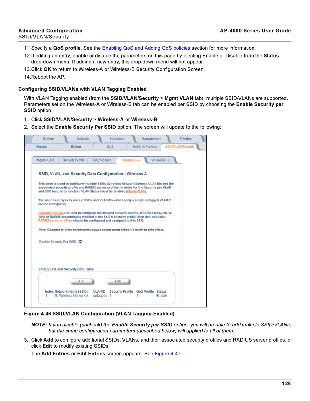 Proxim AP-4000 Configuring SSID/VLANs with Vlan Tagging Enabled, Click SSID/VLAN/Security Wireless-A or Wireless-B, 126 