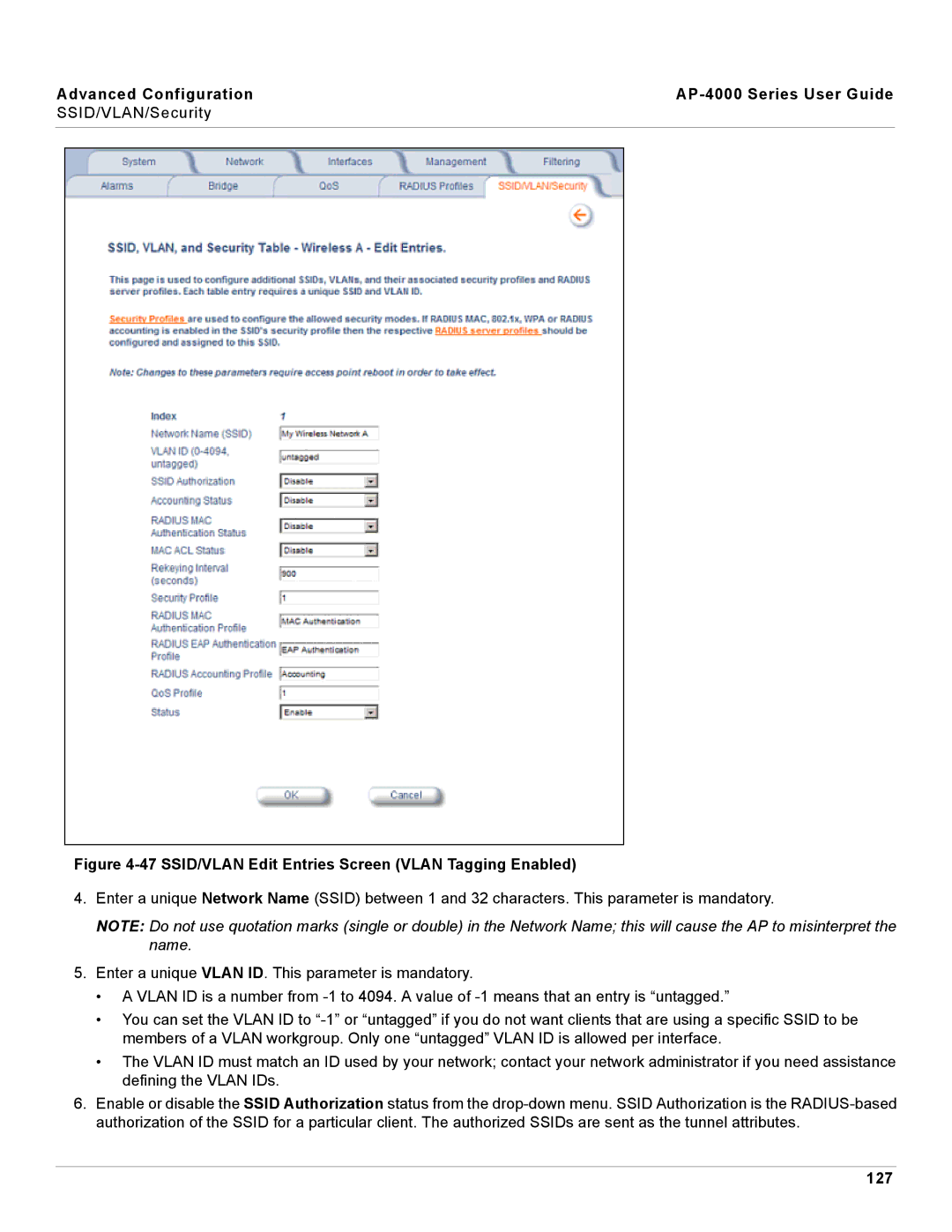 Proxim AP-4000 manual SSID/VLAN Edit Entries Screen Vlan Tagging Enabled, 127 