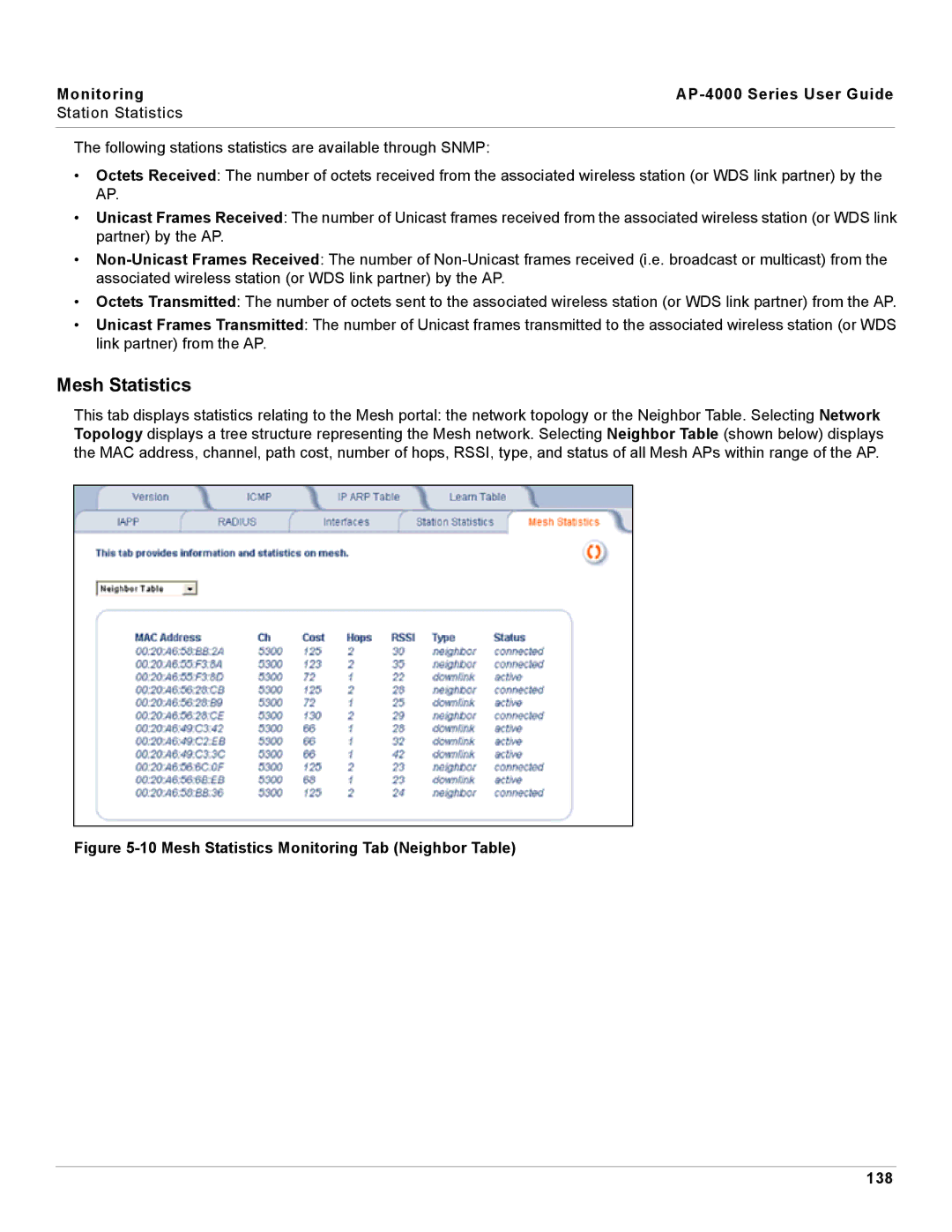 Proxim manual Mesh Statistics, Monitoring AP-4000 Series User Guide Station Statistics 