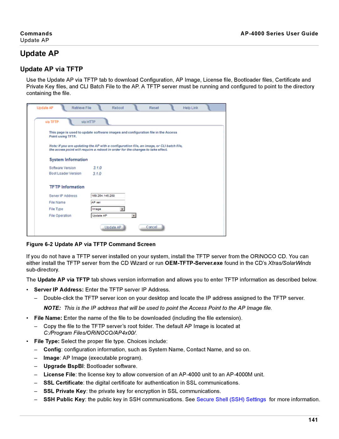 Proxim manual Update AP via Tftp, Commands AP-4000 Series User Guide, 141 