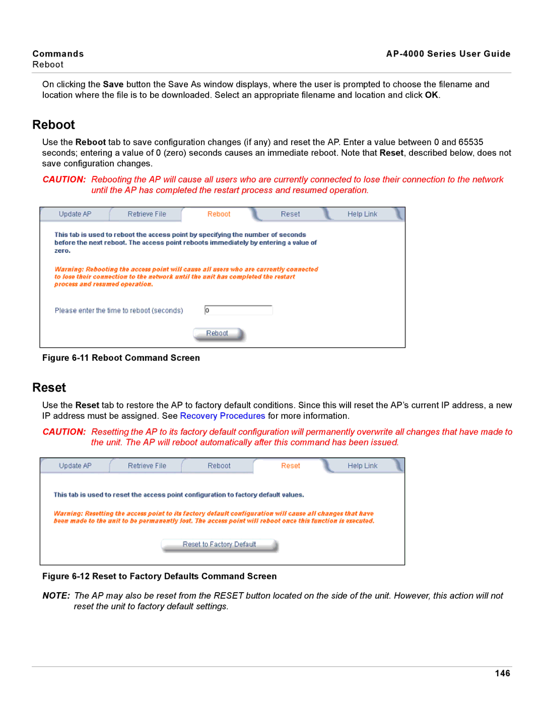 Proxim manual Reset, Commands AP-4000 Series User Guide Reboot 