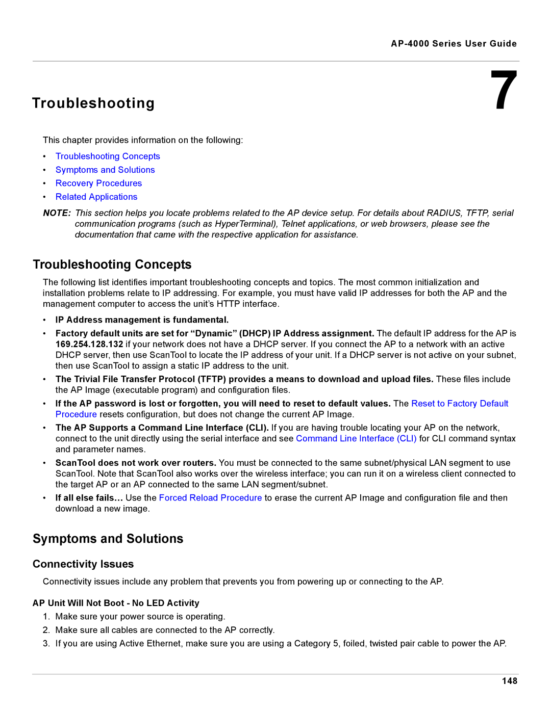 Proxim AP-4000 manual Troubleshooting Concepts, Symptoms and Solutions, Connectivity Issues, 148 