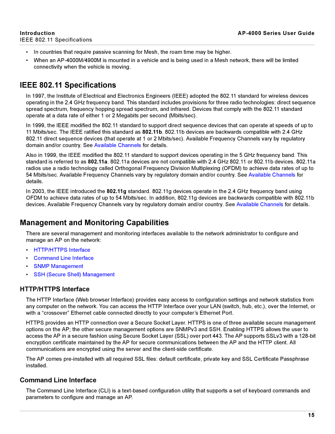 Proxim AP-4000 manual Ieee 802.11 Specifications, Management and Monitoring Capabilities, HTTP/HTTPS Interface 