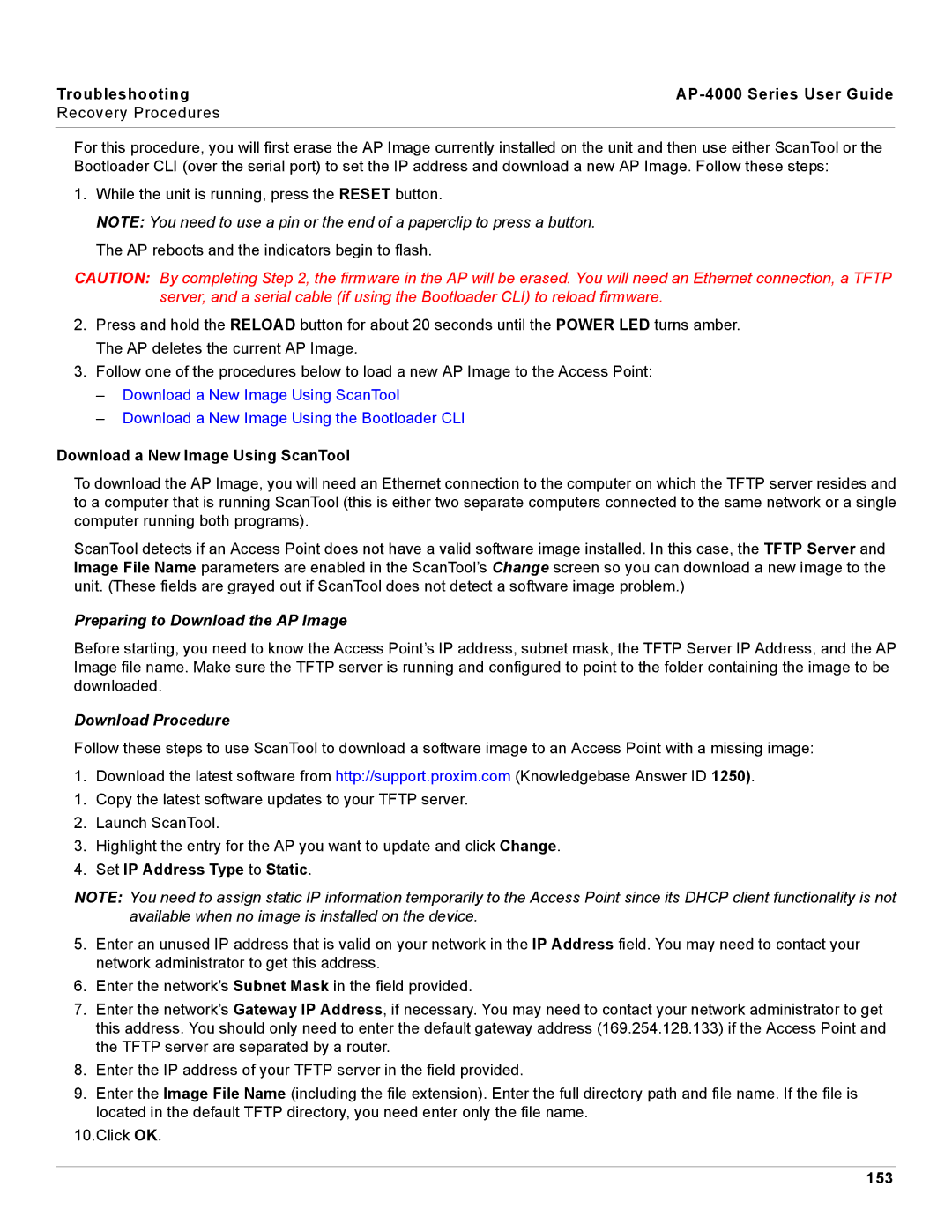 Proxim AP-4000 manual Download a New Image Using ScanTool, Preparing to Download the AP Image, Download Procedure, 153 