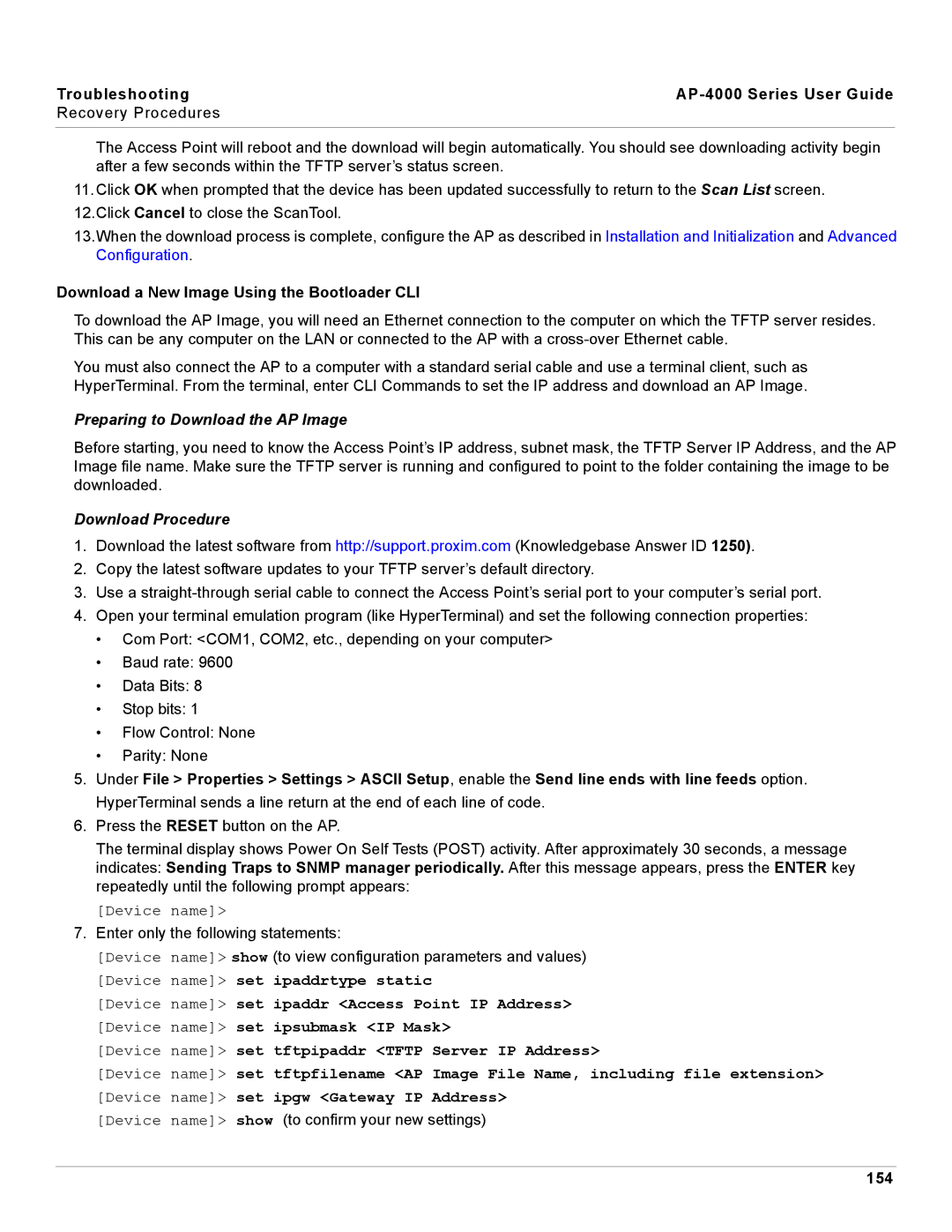 Proxim AP-4000 manual Download a New Image Using the Bootloader CLI, 154 