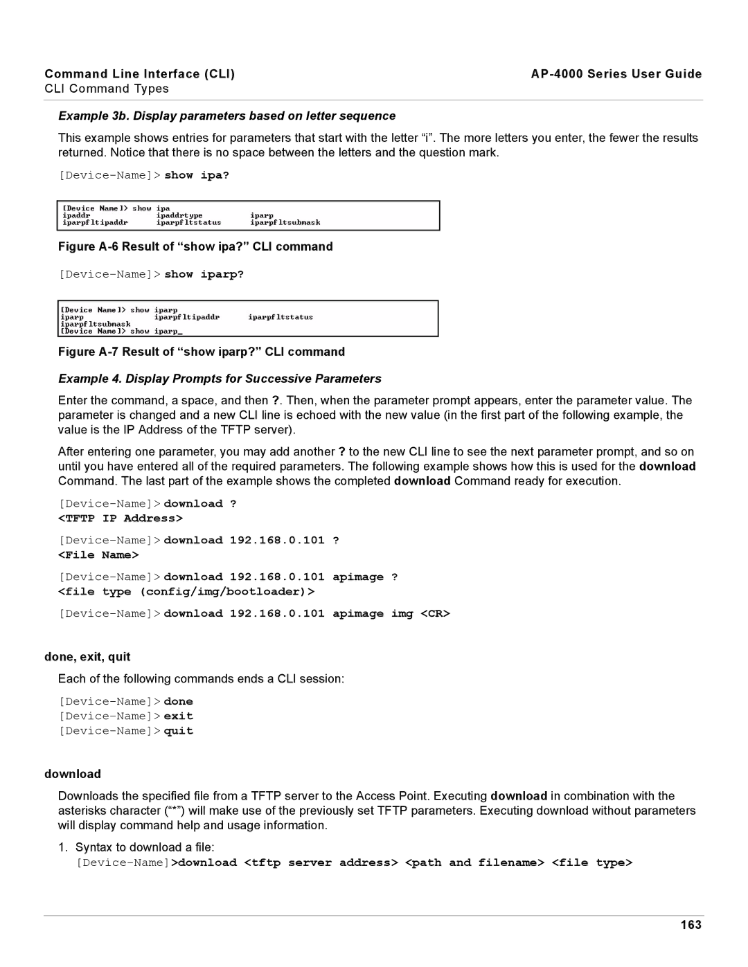 Proxim AP-4000 manual Example 3b. Display parameters based on letter sequence, Done, exit, quit, Download, 163 