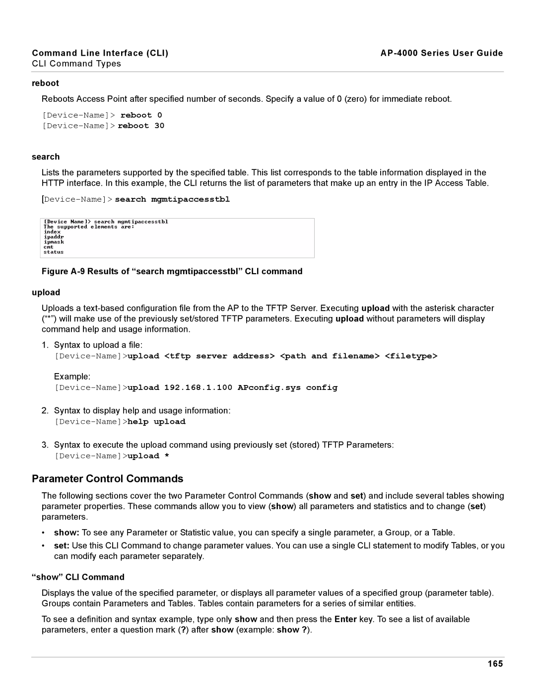 Proxim AP-4000 manual Parameter Control Commands, Search, Show CLI Command, 165 