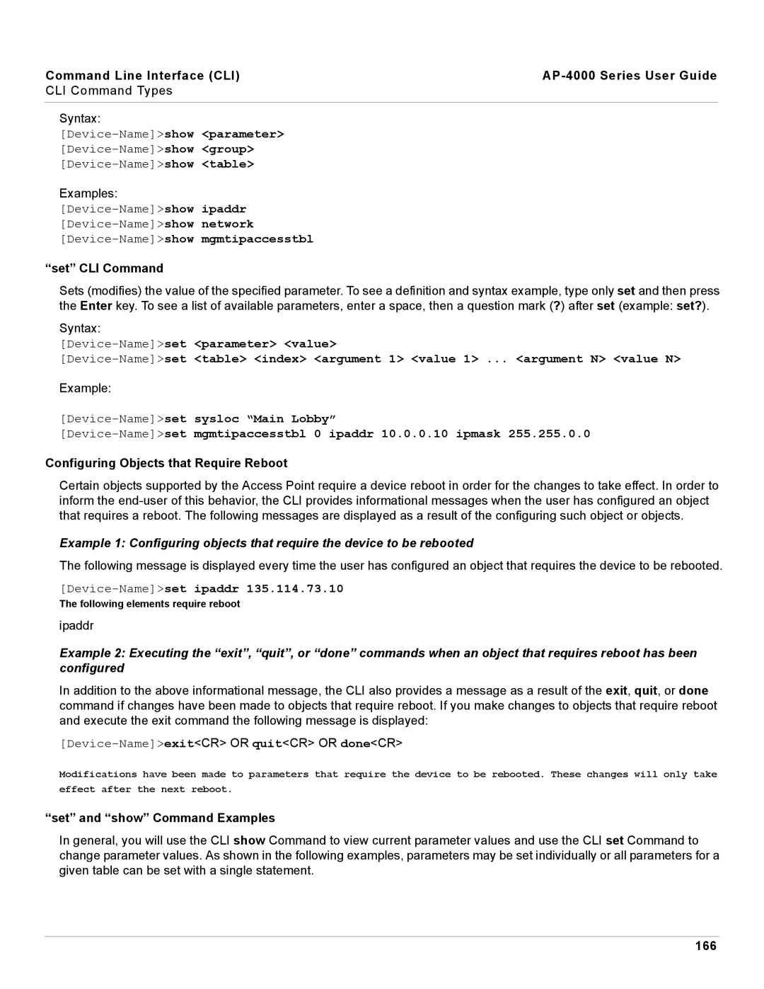 Proxim AP-4000 manual Set CLI Command, Configuring Objects that Require Reboot, Set and show Command Examples, 166 