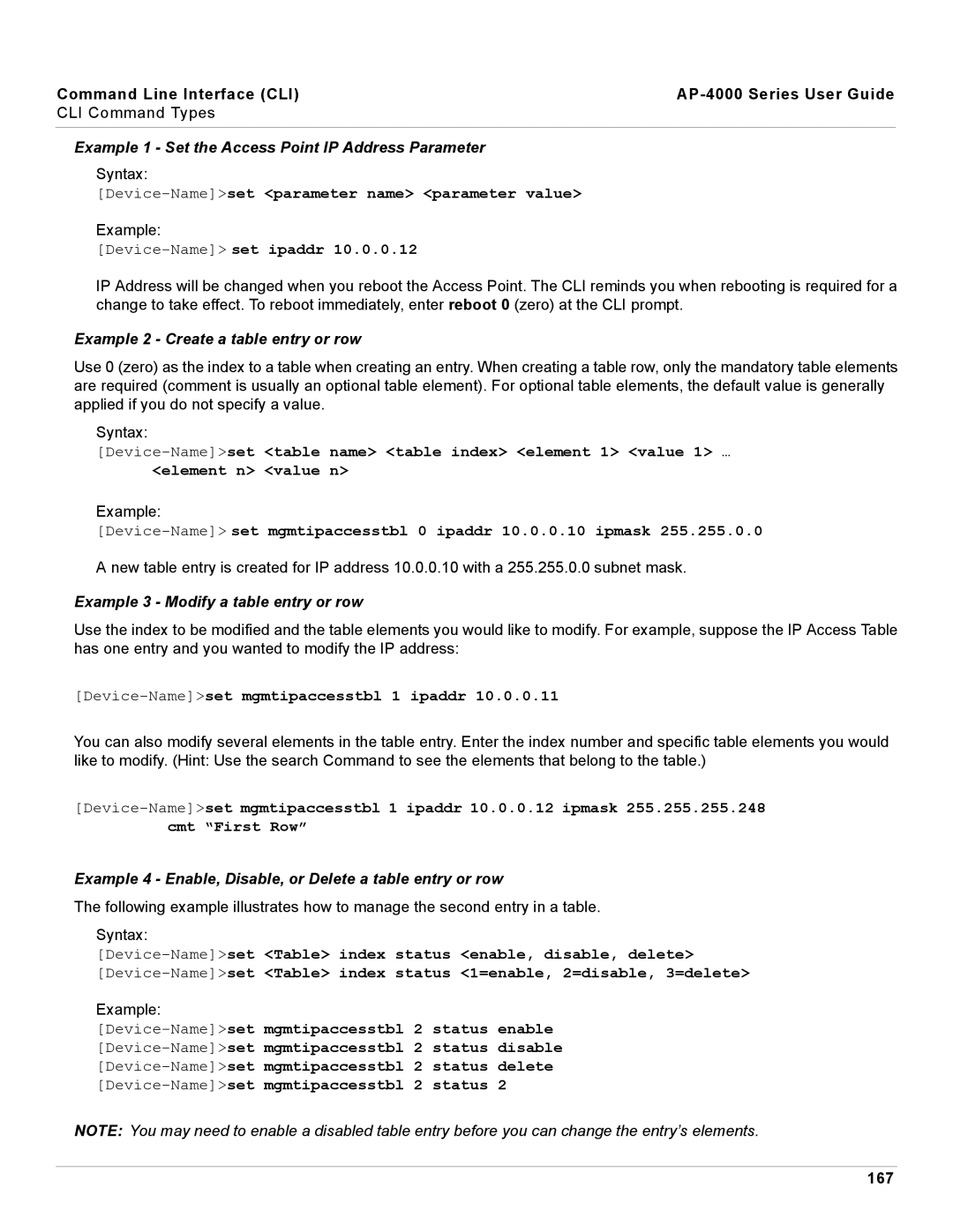 Proxim AP-4000 manual Example 1 Set the Access Point IP Address Parameter, Example 2 Create a table entry or row, 167 