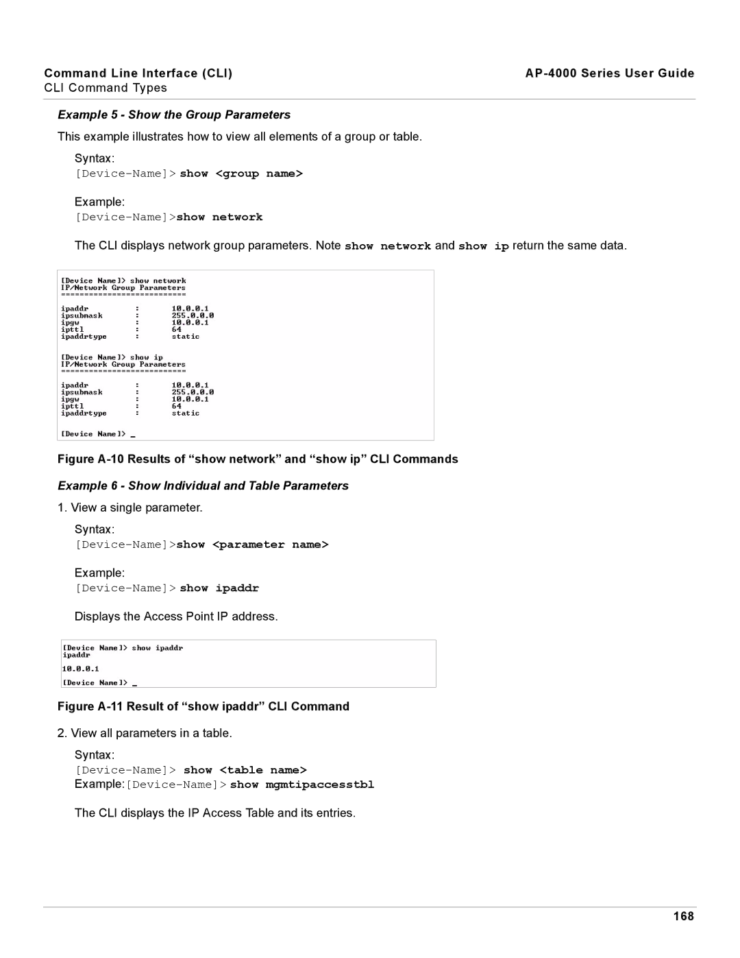 Proxim AP-4000 manual Example 5 Show the Group Parameters, Example 6 Show Individual and Table Parameters, 168 