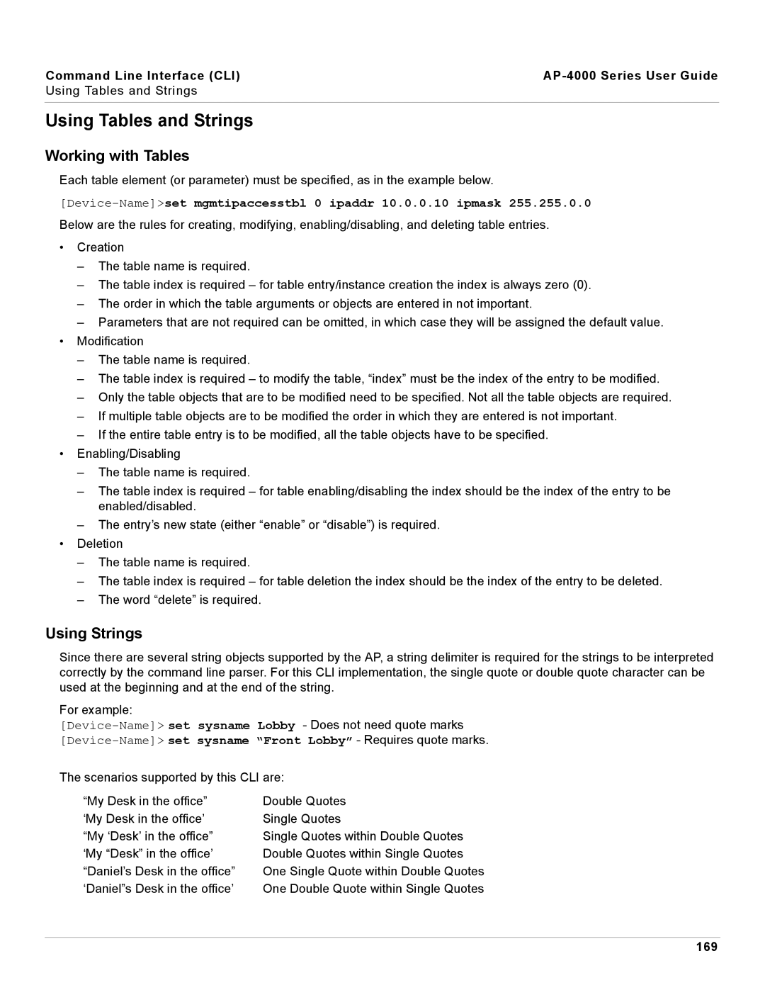 Proxim AP-4000 manual Using Tables and Strings, Working with Tables, Using Strings, 169 