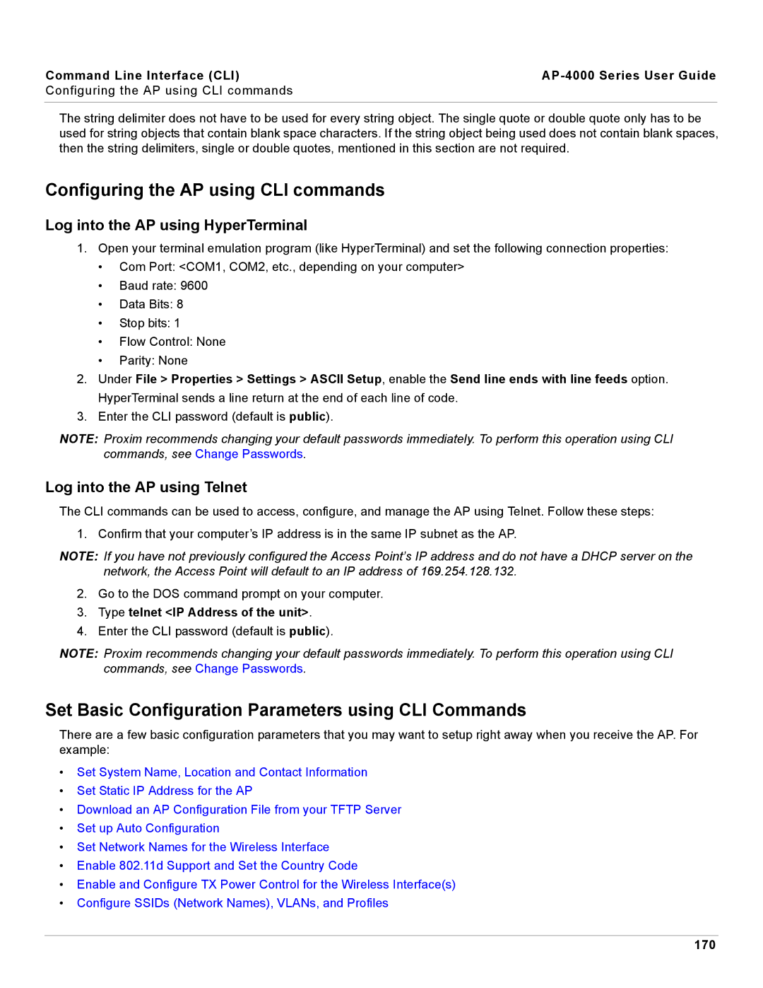 Proxim AP-4000 manual Configuring the AP using CLI commands, Set Basic Configuration Parameters using CLI Commands 