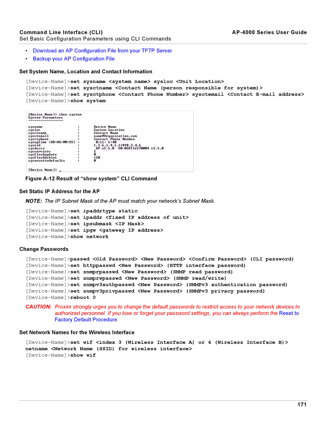 Proxim AP-4000 manual Set System Name, Location and Contact Information, Change Passwords, 171 