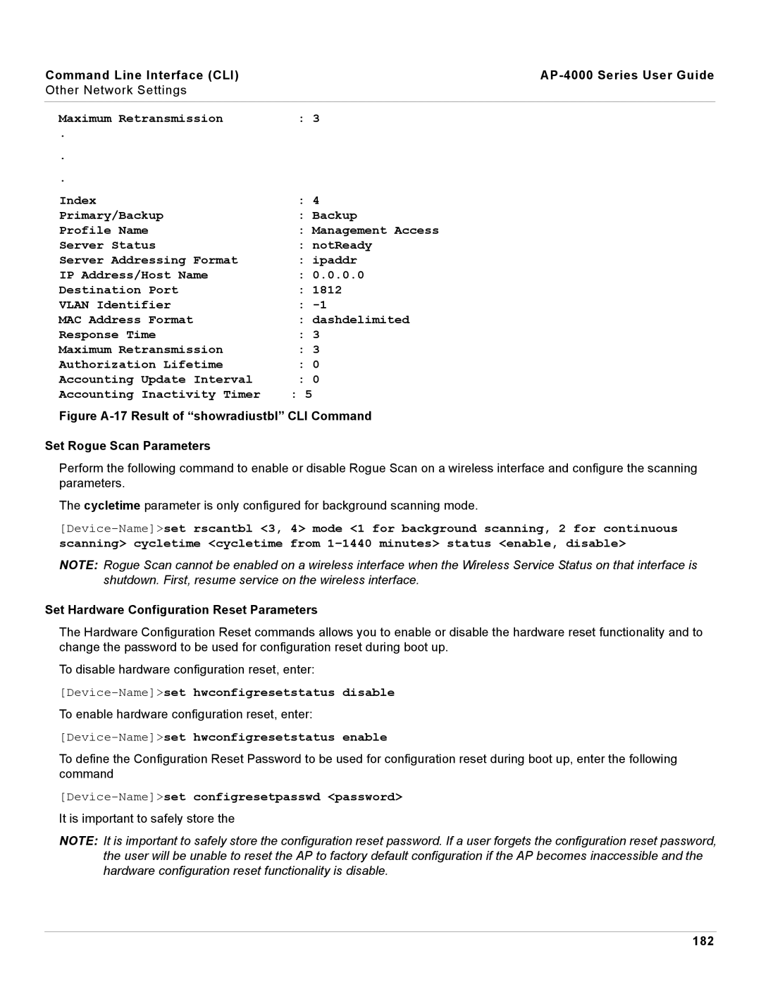 Proxim AP-4000 manual Set Hardware Configuration Reset Parameters, 182 