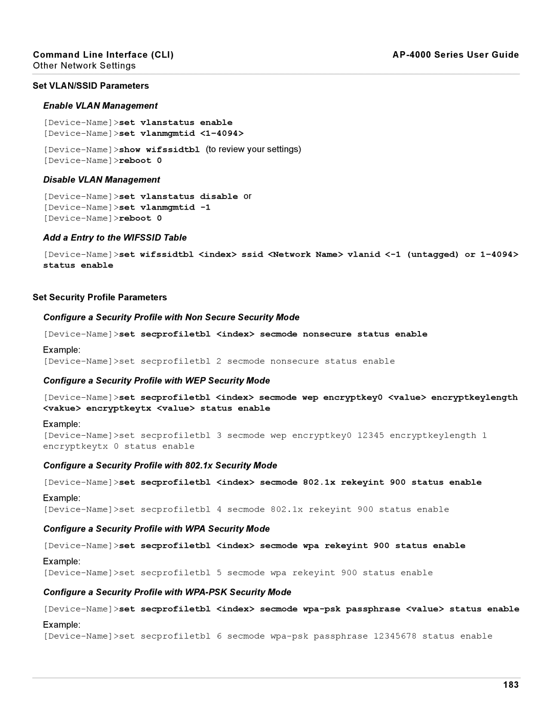 Proxim AP-4000 manual Enable Vlan Management, Disable Vlan Management, Add a Entry to the Wifssid Table 