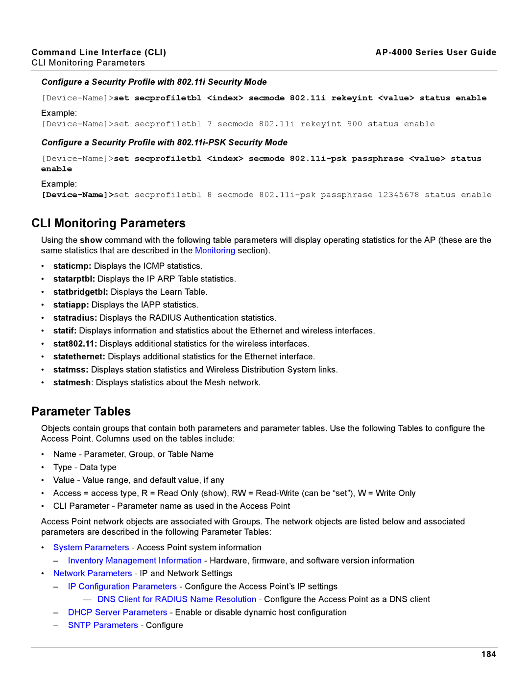 Proxim AP-4000 CLI Monitoring Parameters, Parameter Tables, Configure a Security Profile with 802.11i Security Mode, 184 