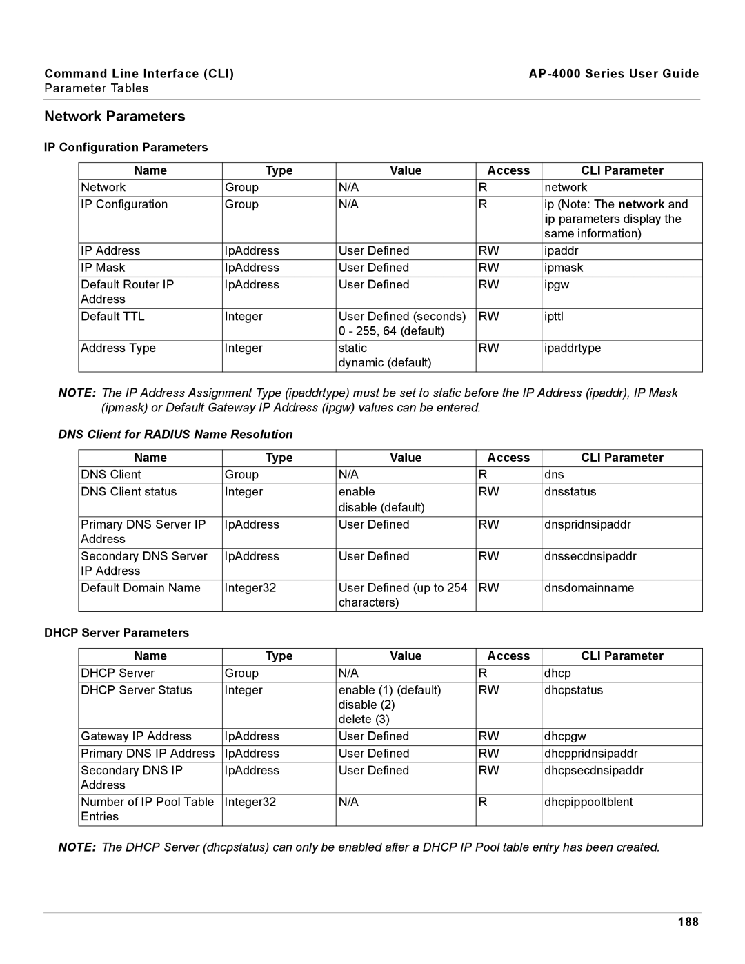 Proxim AP-4000 manual Network Parameters, DNS Client for Radius Name Resolution, 188 