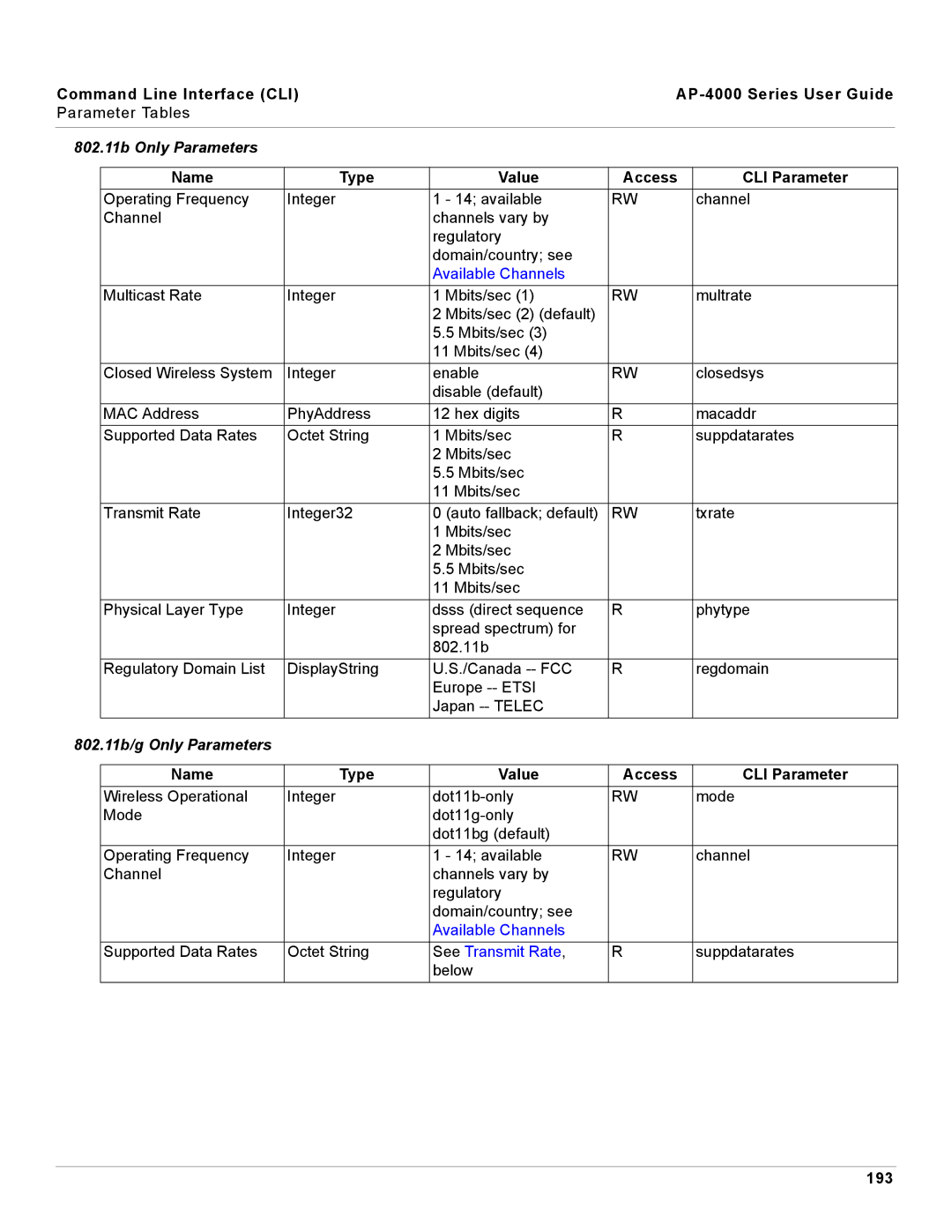 Proxim AP-4000 manual 802.11b Only Parameters, 802.11b/g Only Parameters, 193 