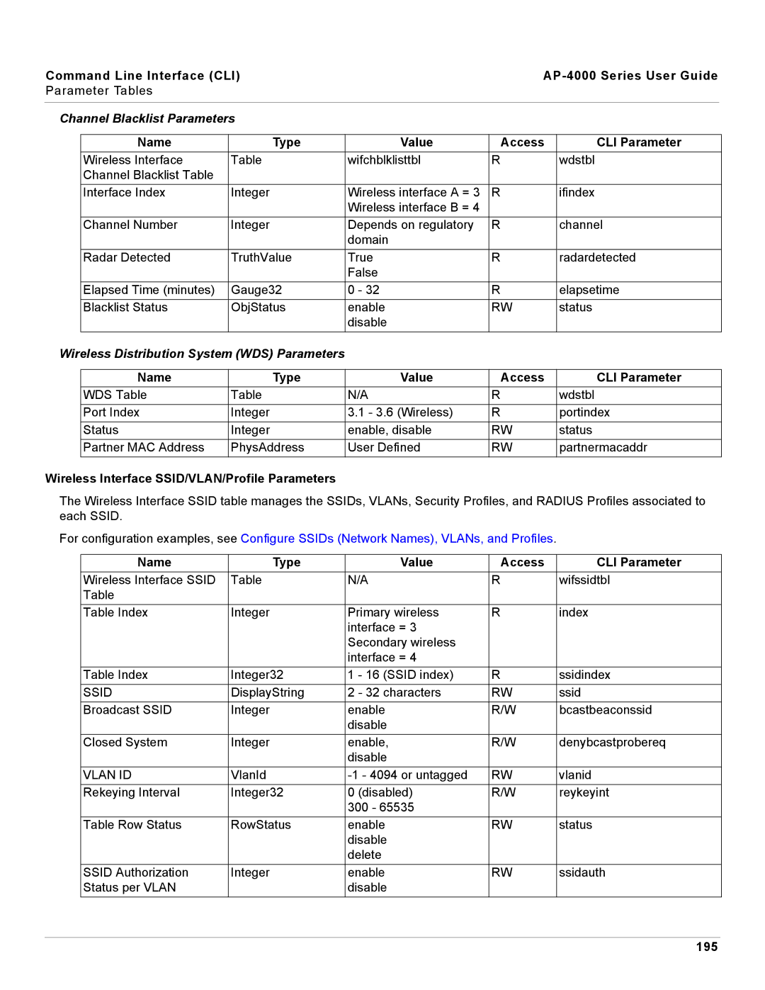 Proxim AP-4000 manual Channel Blacklist Parameters, Wireless Distribution System WDS Parameters, 195 