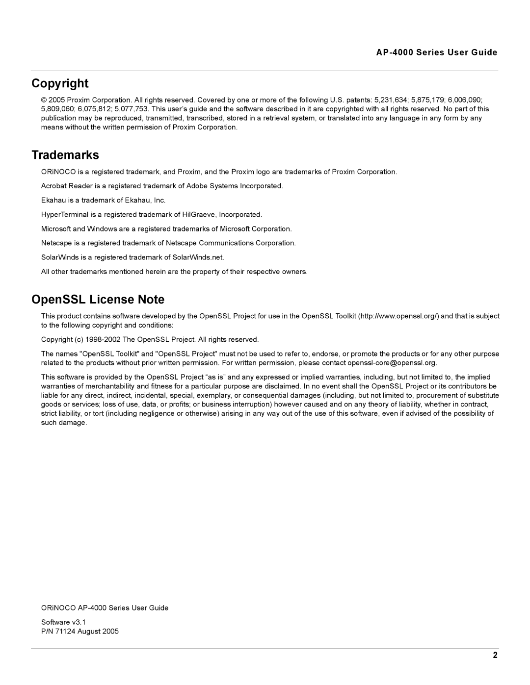 Proxim manual Copyright, Trademarks, OpenSSL License Note, AP-4000 Series User Guide 