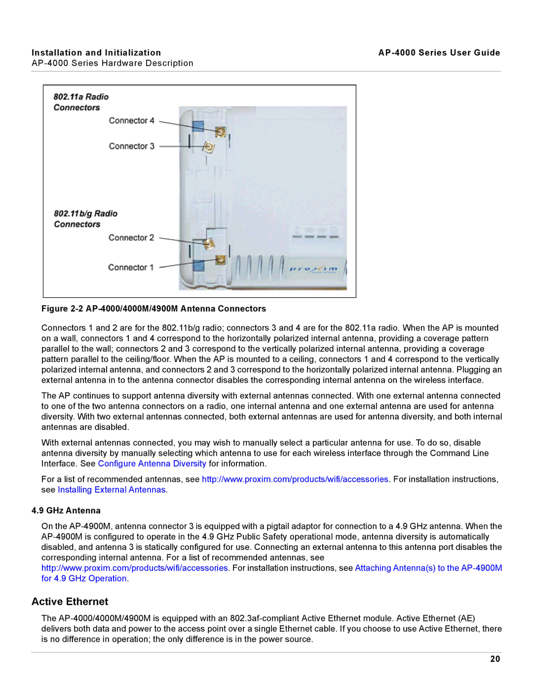 Proxim manual Active Ethernet, Installation and Initialization AP-4000 Series User Guide, GHz Antenna 