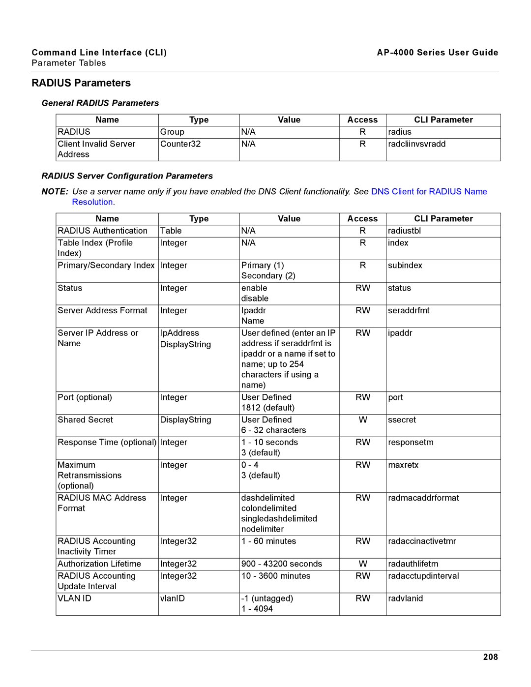 Proxim AP-4000 manual General Radius Parameters, Radius Server Configuration Parameters, 208 