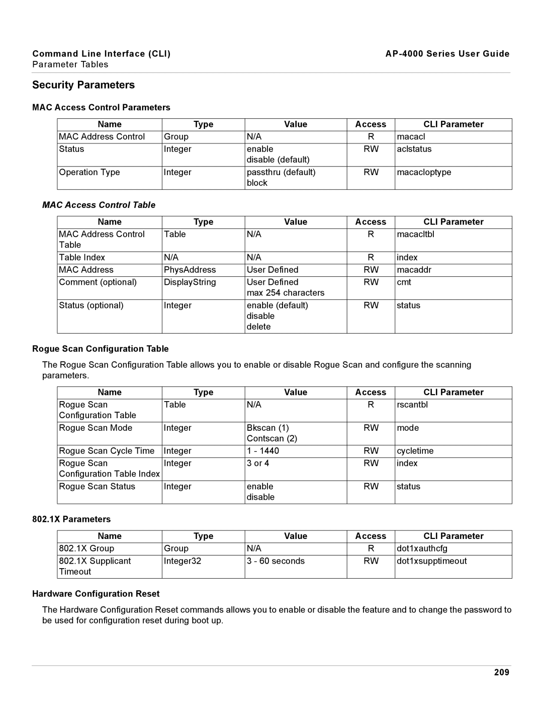 Proxim AP-4000 manual Security Parameters, MAC Access Control Table 