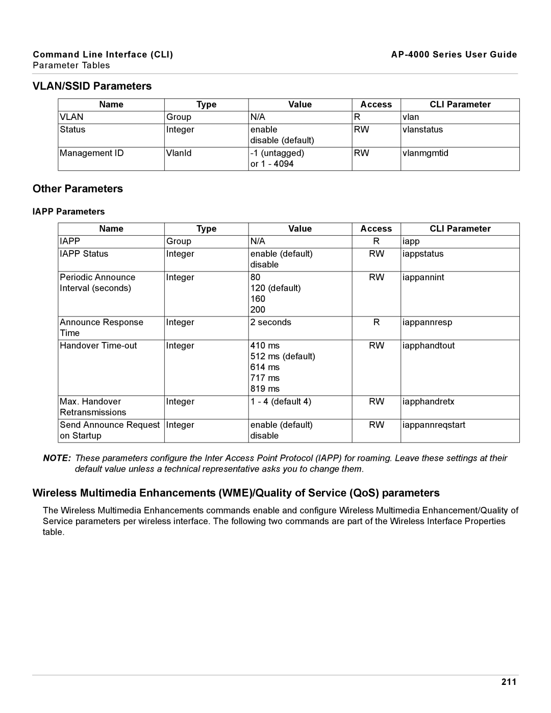 Proxim AP-4000 manual VLAN/SSID Parameters, Other Parameters, Iapp Parameters Name Type Value Access CLI Parameter, 211 