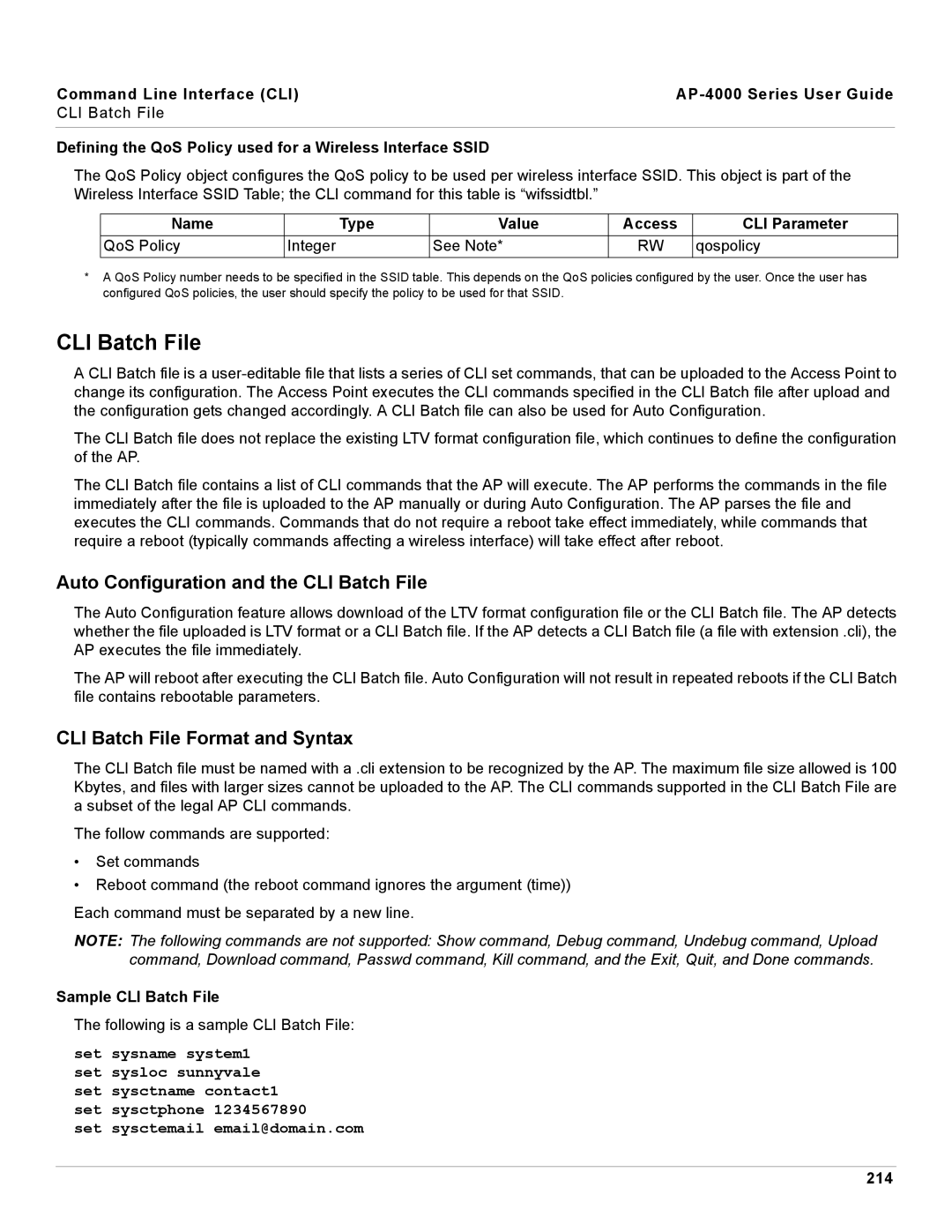 Proxim AP-4000 Auto Configuration and the CLI Batch File, CLI Batch File Format and Syntax, Sample CLI Batch File, 214 