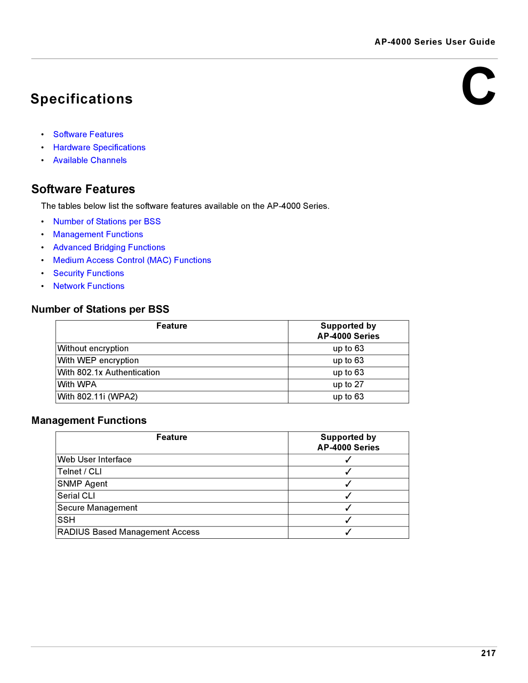 Proxim manual Software Features, Number of Stations per BSS, Management Functions, Feature Supported by AP-4000 Series 