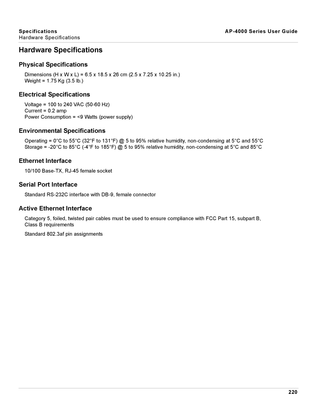 Proxim AP-4000 manual Hardware Specifications 