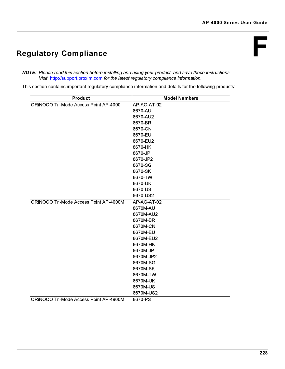 Proxim AP-4000 manual Product Model Numbers, 228 