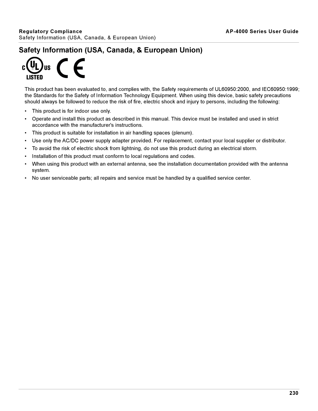 Proxim AP-4000 manual Safety Information USA, Canada, & European Union, 230 