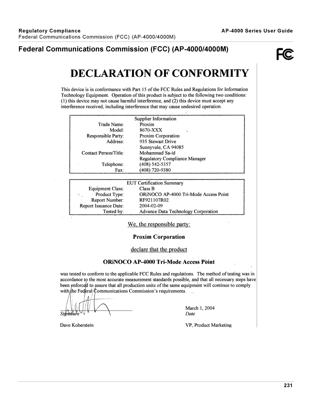 Proxim manual Federal Communications Commission FCC AP-4000/4000M, 231 