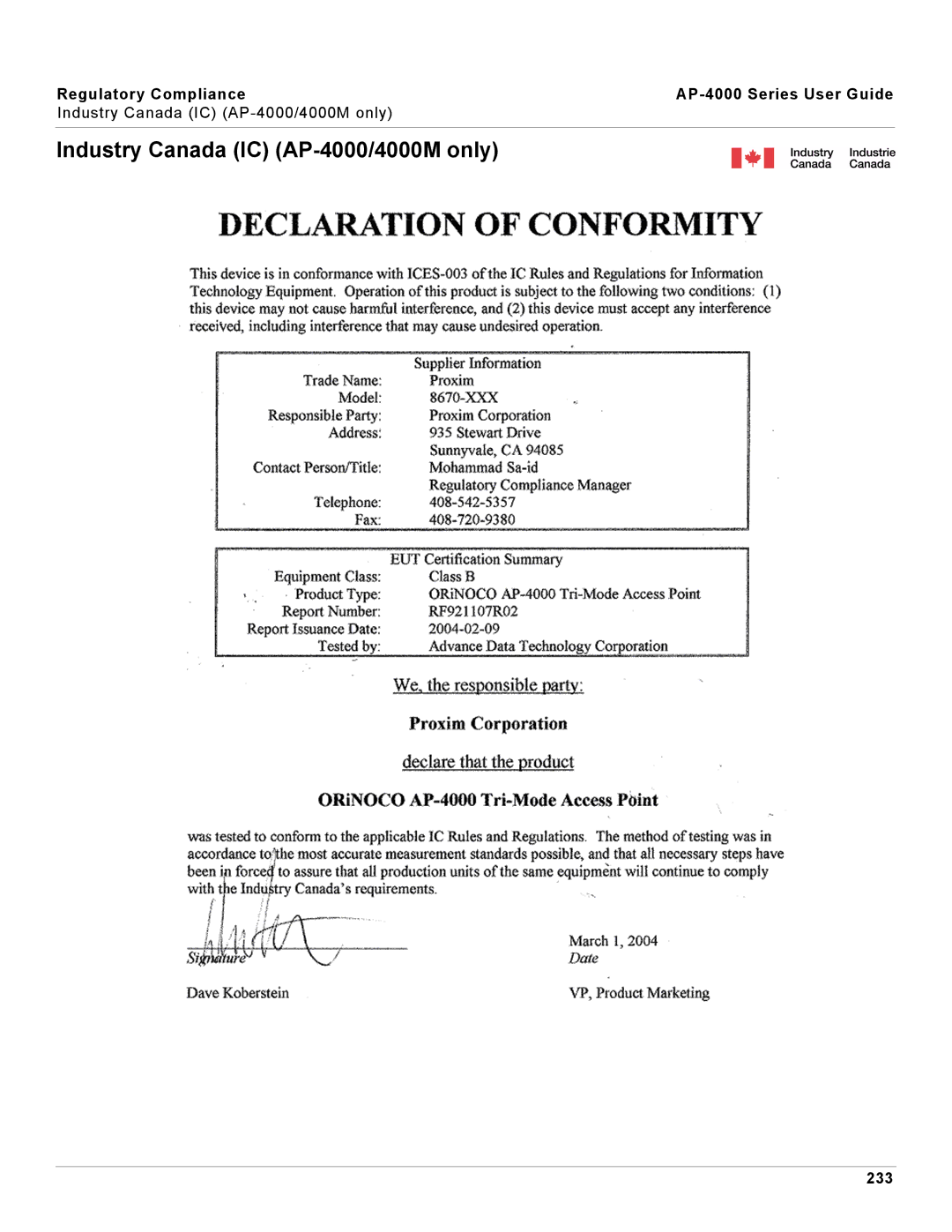 Proxim manual Industry Canada IC AP-4000/4000M only, 233 