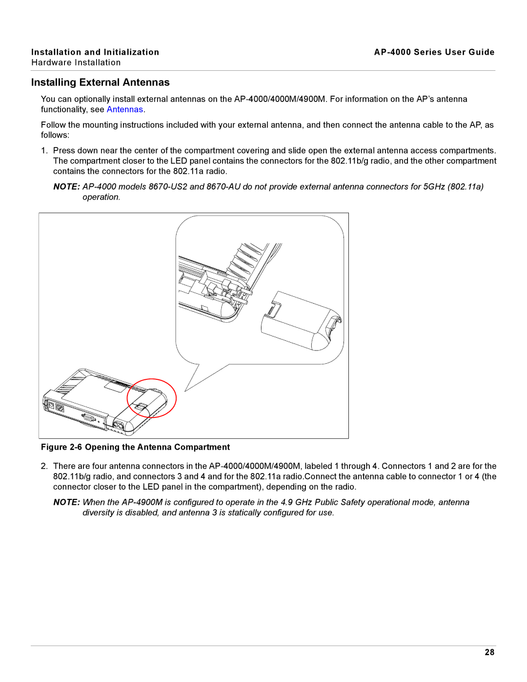 Proxim AP-4000 manual Installing External Antennas, Opening the Antenna Compartment 