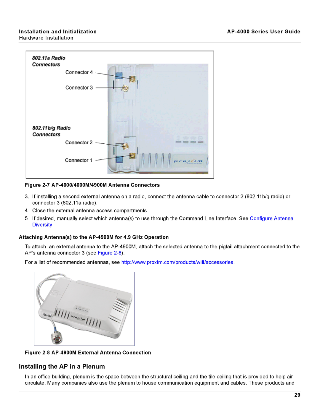 Proxim AP-4000 manual Installing the AP in a Plenum, Attaching Antennas to the AP-4900M for 4.9 GHz Operation 