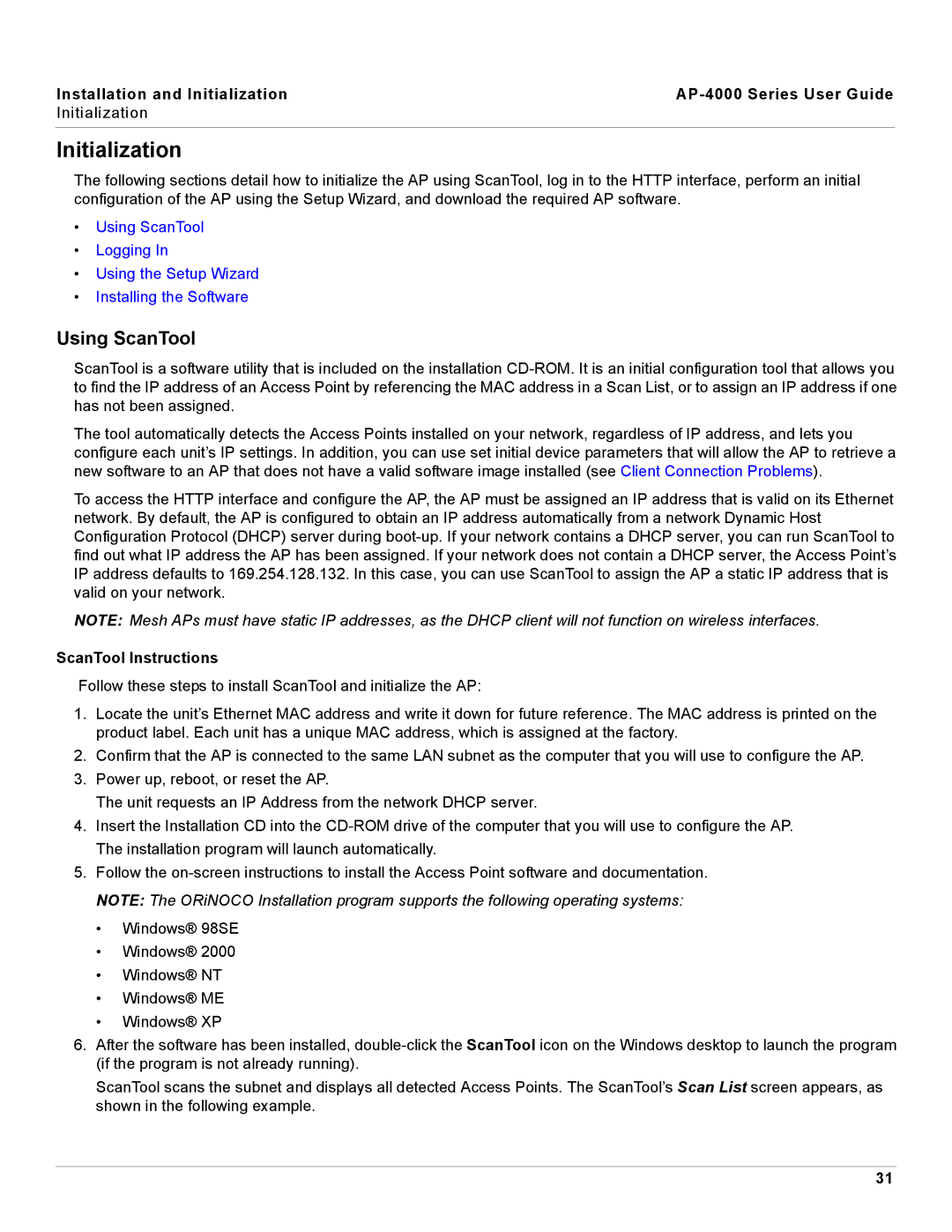 Proxim AP-4000 manual Initialization, Using ScanTool, ScanTool Instructions 