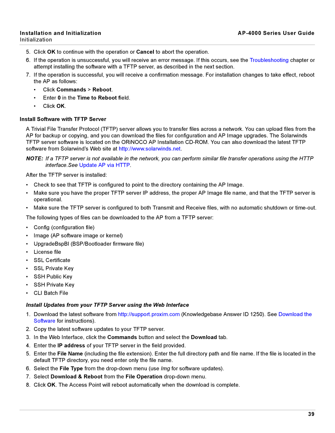 Proxim AP-4000 manual Click Commands Reboot, Install Software with Tftp Server 